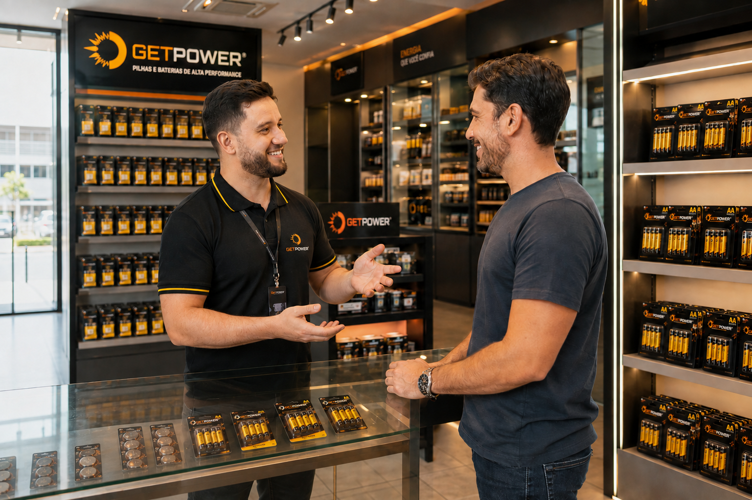Atendente Getpower apresentando produtos a um cliente na loja.