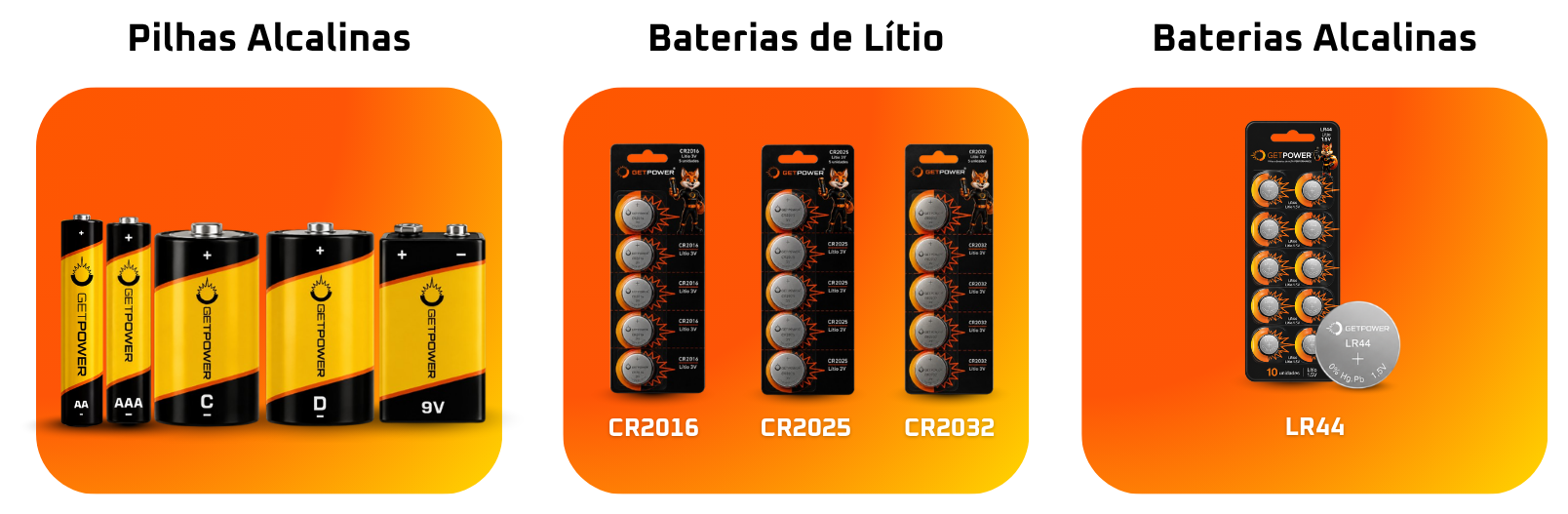 Pilhas Alcalinas, Baterias de Lítio e Baterias Alcalinas Getpower