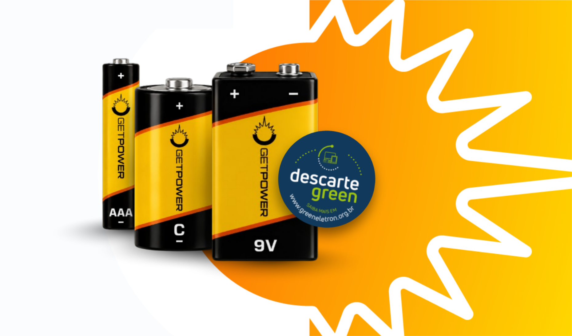 Pilhas Getpower AAA, C e 9V com o selo Descarte Green