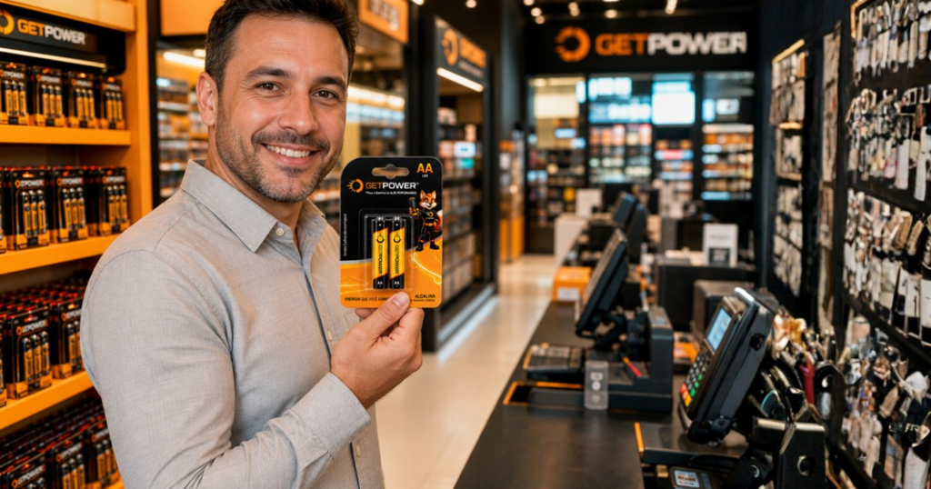 Revendedor Getpower segurando pilha