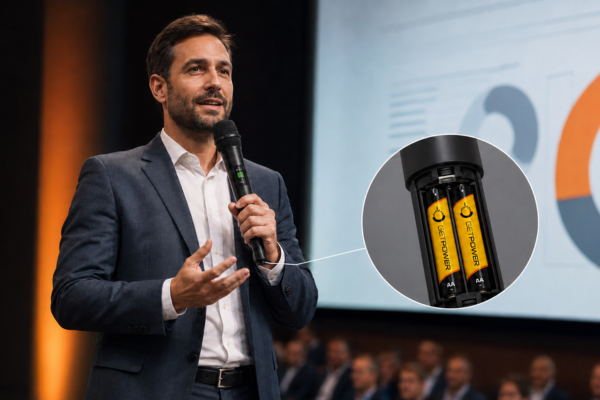 Pilha Getpower sendo utilizada em microfone